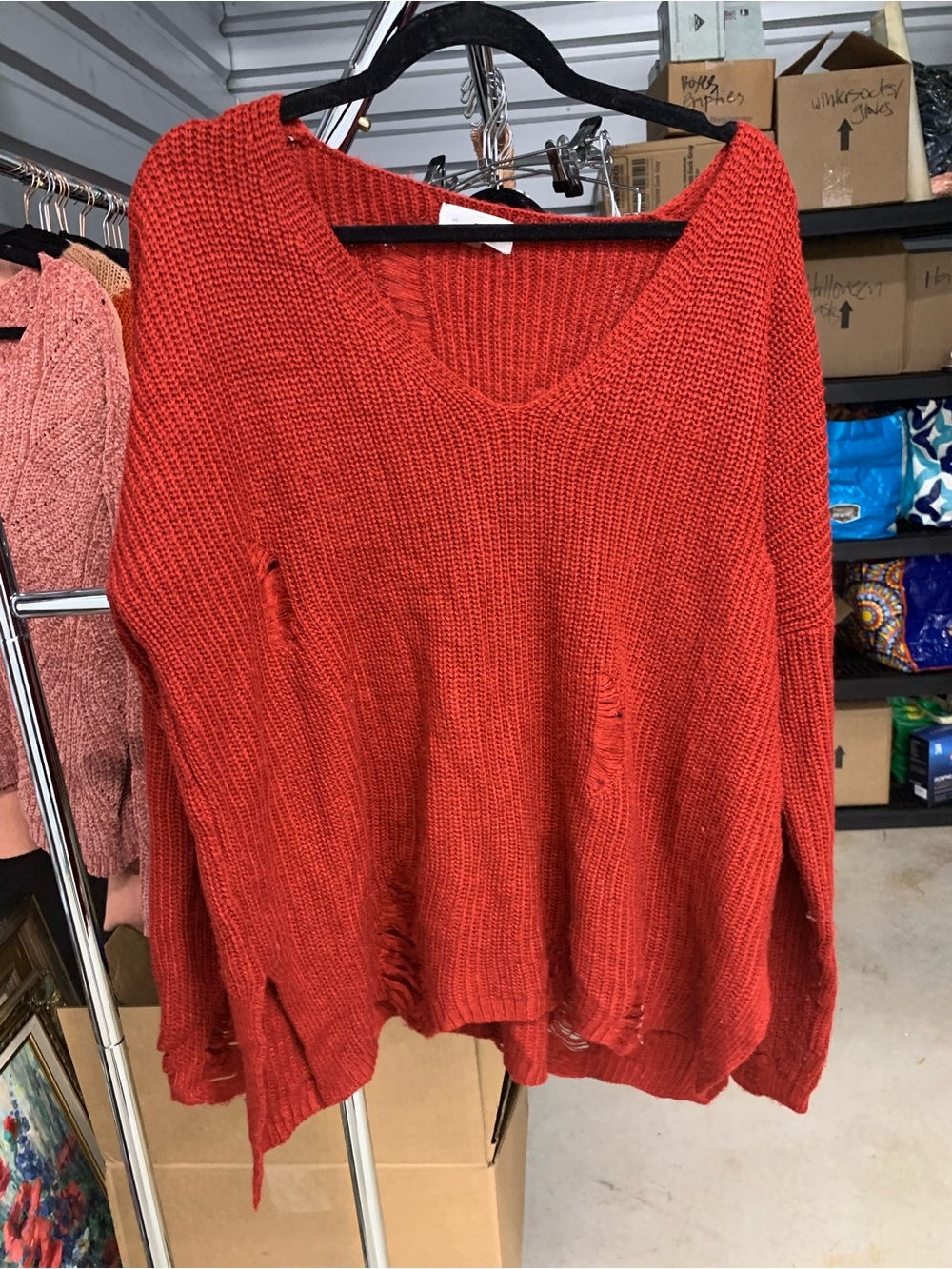 Forever 21 Brick Red Distressed V-Neck Knit Sweater